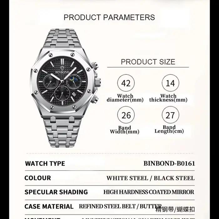 BINBOND 0161 marque homme montre à Quartz de luxe lumineux chronographe montre-bracelet en acier inoxydable étanche hommes Date calendrier horloge