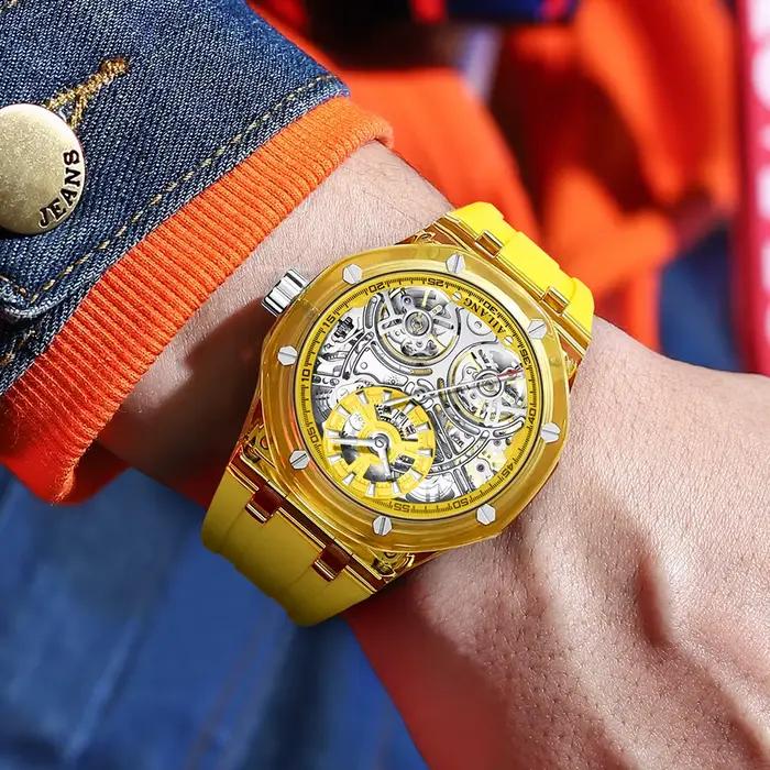 Double Tourbillon Design montre pour hommes de luxe boîtier Transparent jaune en caoutchouc Style de mode loisirs