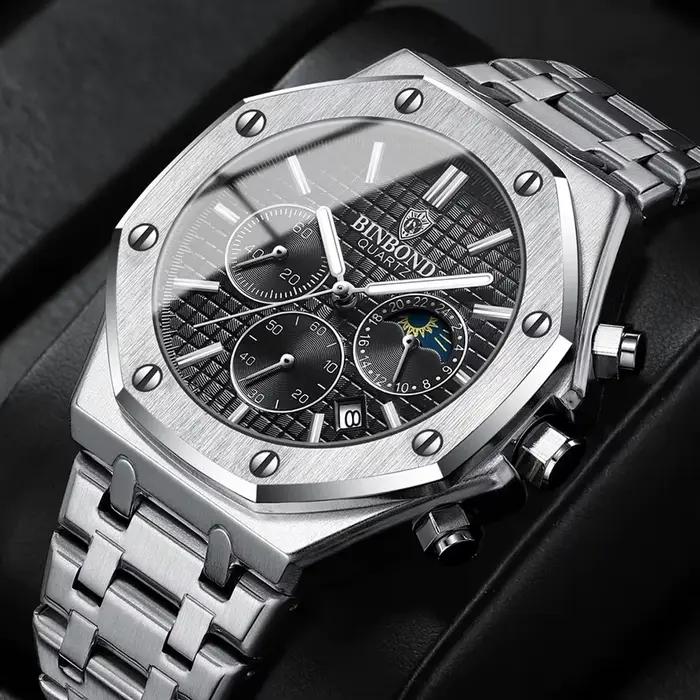 BINBOND 0161 marque homme montre à Quartz de luxe lumineux chronographe montre-bracelet en acier inoxydable étanche hommes Date calendrier horloge
