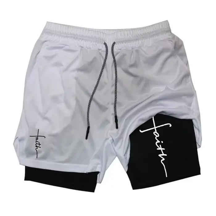 Short de course d'entraînement homme 2 en 1 polyester graphique croisé poche téléphone et boucle serviette pour course à pied et gymnastique