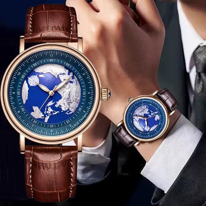 LIGETop-Montre-bracelet à quartz en cuir pour homme