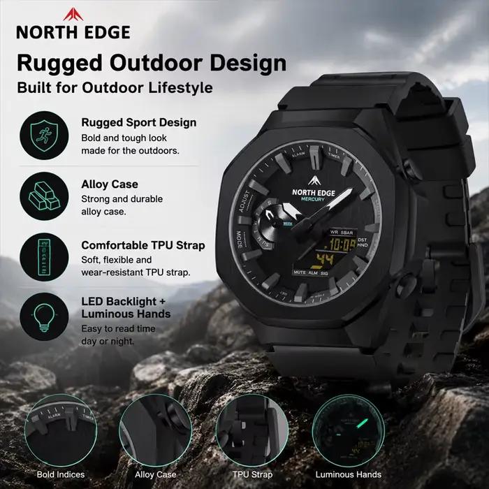 Montres-bracelets à quartz NORTH EDGE MERCURY, tendance sportive, double affichage, chronographe lumineux, calendrier, étanches pour la natation, pour homme