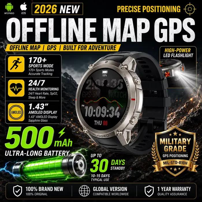 Montre connectée GPS avec carte hors ligne, étanche 5ATM, batterie 500mAh, boussole, altimètre, militaire, écran AMOLED 1.43”, pour hommes, nouvelle collection 2026
