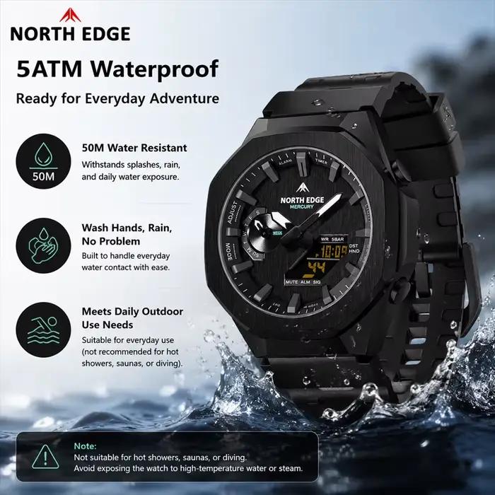 Montres-bracelets à quartz NORTH EDGE MERCURY, tendance sportive, double affichage, chronographe lumineux, calendrier, étanches pour la natation, pour homme