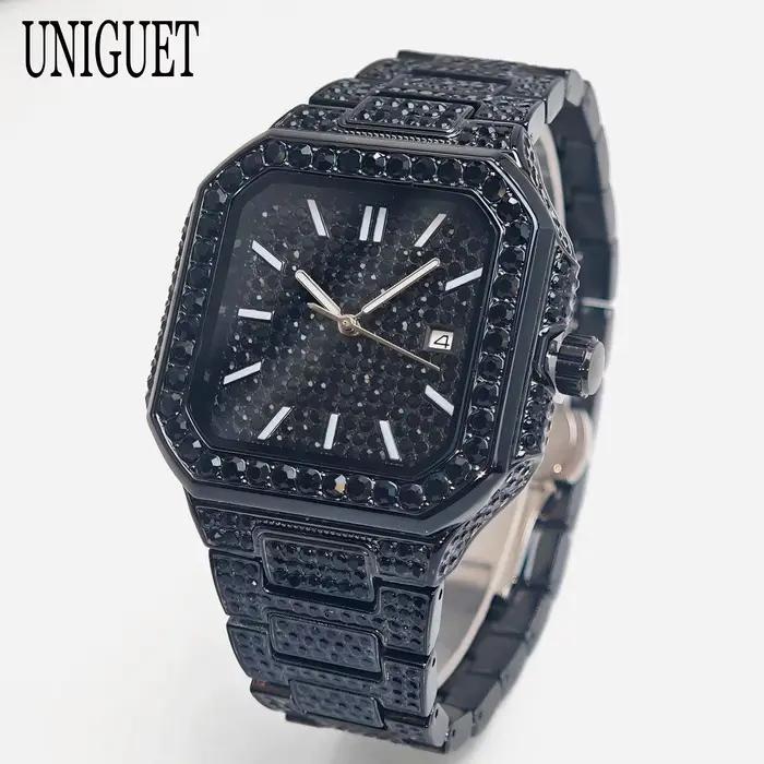2025 nouvelle montre glacée noire pour hommes marque UNIGUET mode