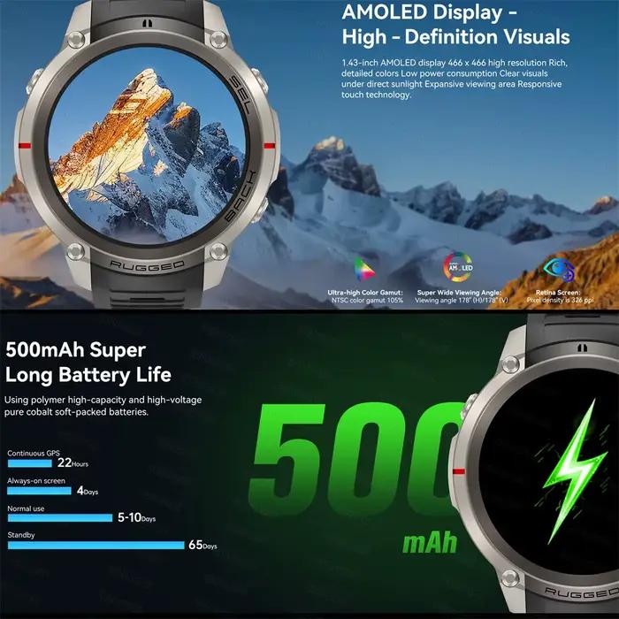 Montre GPS professionnelle MAVHX avec suivi de la fréquence cardiaque et de l'oxygène sanguin, tracker de sommeil, résistance à l'eau jusqu'à 100m, compatible avec 27 langues, pour activités de plein air et remise en forme à domicile
