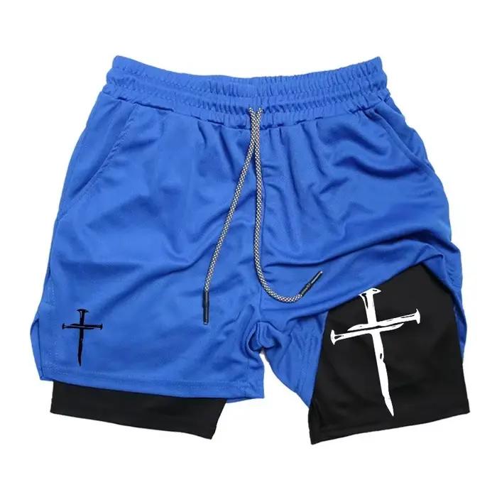Short de course d'entraînement homme 2 en 1 polyester graphique croisé poche téléphone et boucle serviette pour course à pied et gymnastique