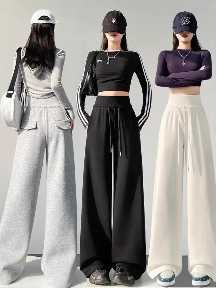 Pantalon de sport gris taille haute pour femmes, ample, amincissant, jambes droites, jambes larges,