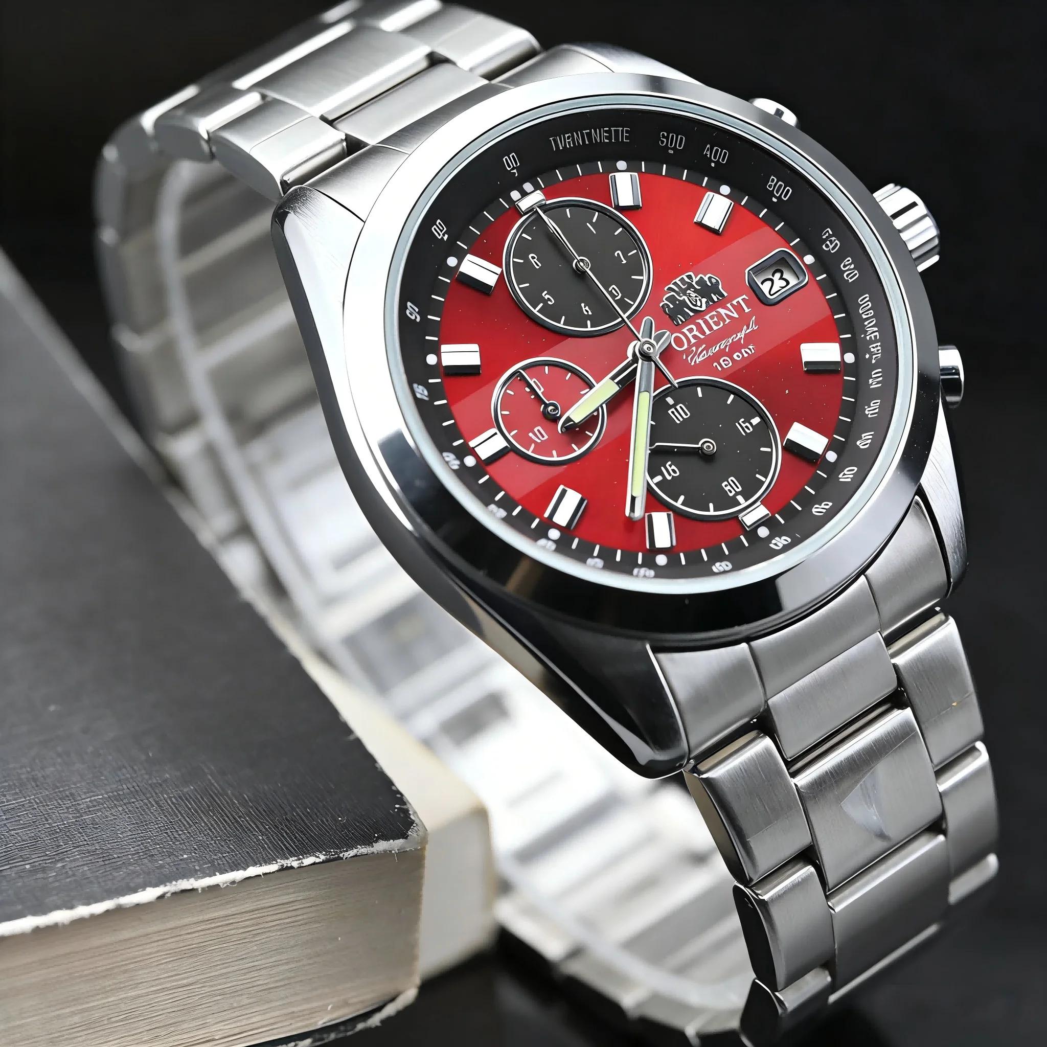 Orient Montre chronographe à quartz pour homme, cadran rouge, bracelet en acier inoxydable, montre-b