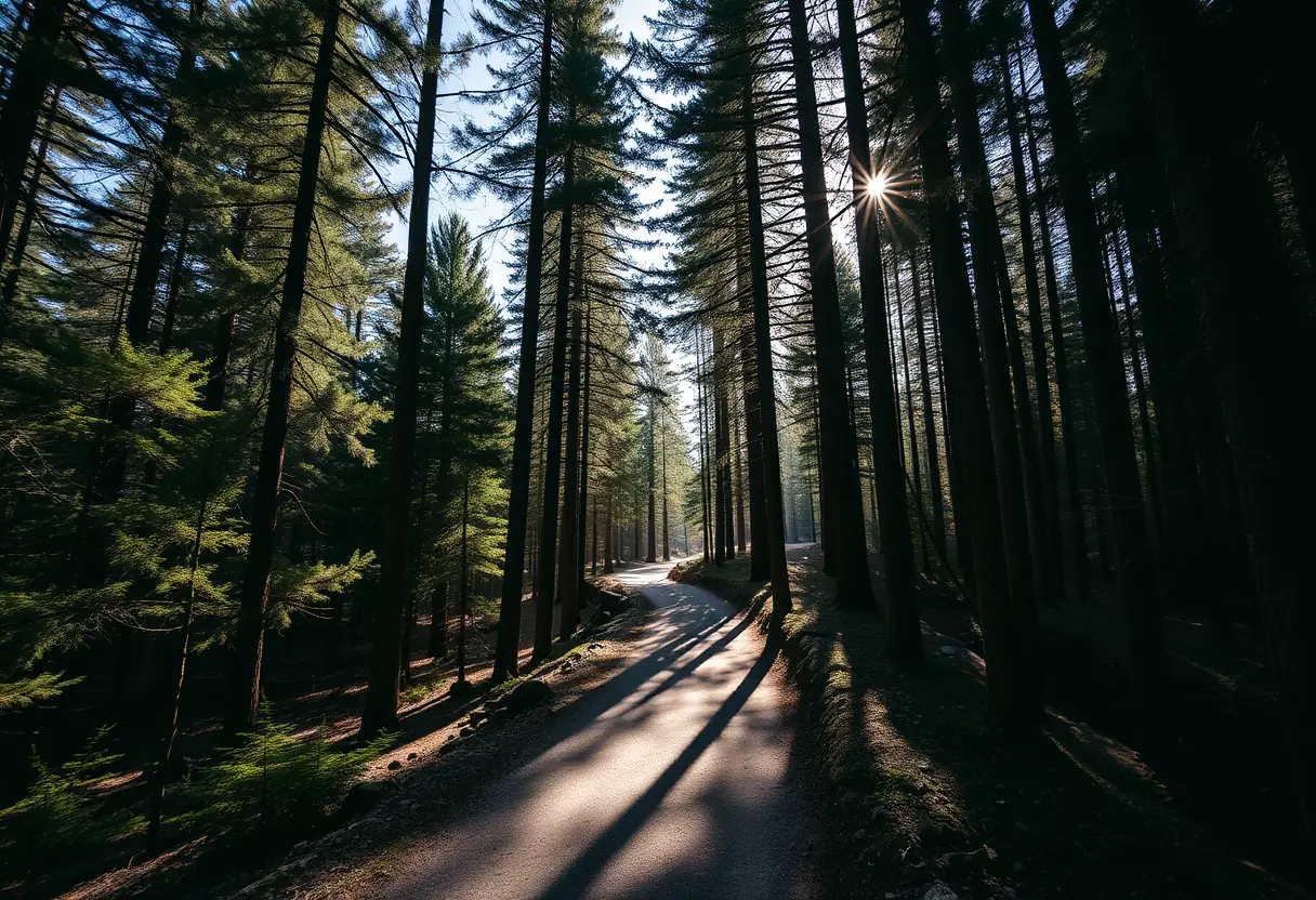 Vue panoramique d'un sentier de montagne sous les pins, éclairé par la lumière du soleil