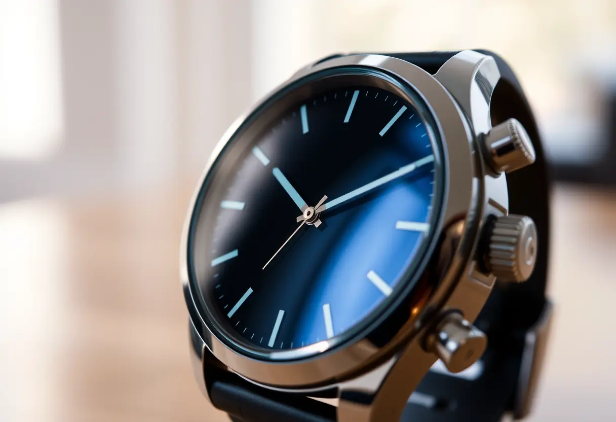 Un plan rapproché du cadran en verre minéral d'un bracelet-montre reflétant la lumière d'une pièce bien éclairée.