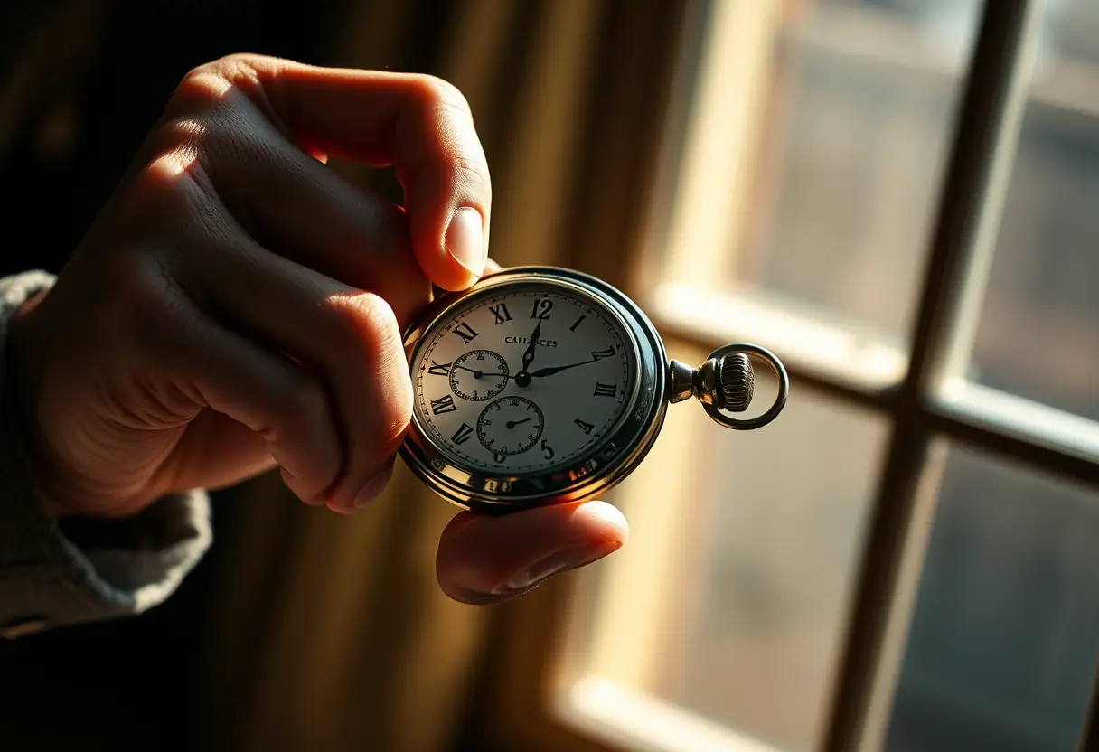 Une main artisanale en train de remonter une montre de poche en cuir, éclairée par la lumière naturelle