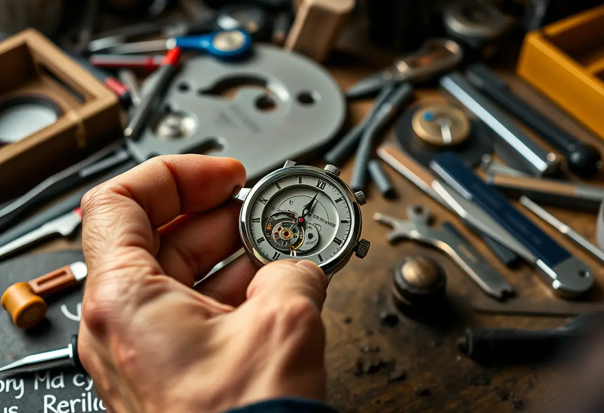 Main posant délicatement la couronne d'une montre automatique, sur un bureau en désordre avec des outils