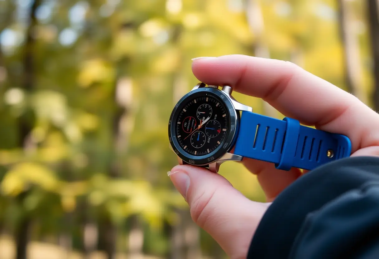 Une main tenant une montre avec un bracelet en silicone bleu dans un paysage naturel