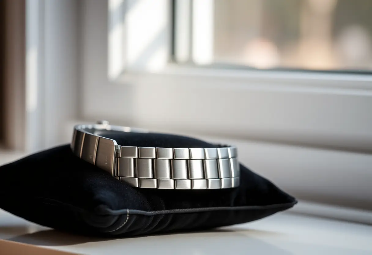 Bracelet en acier inoxydable sur un coussin velours