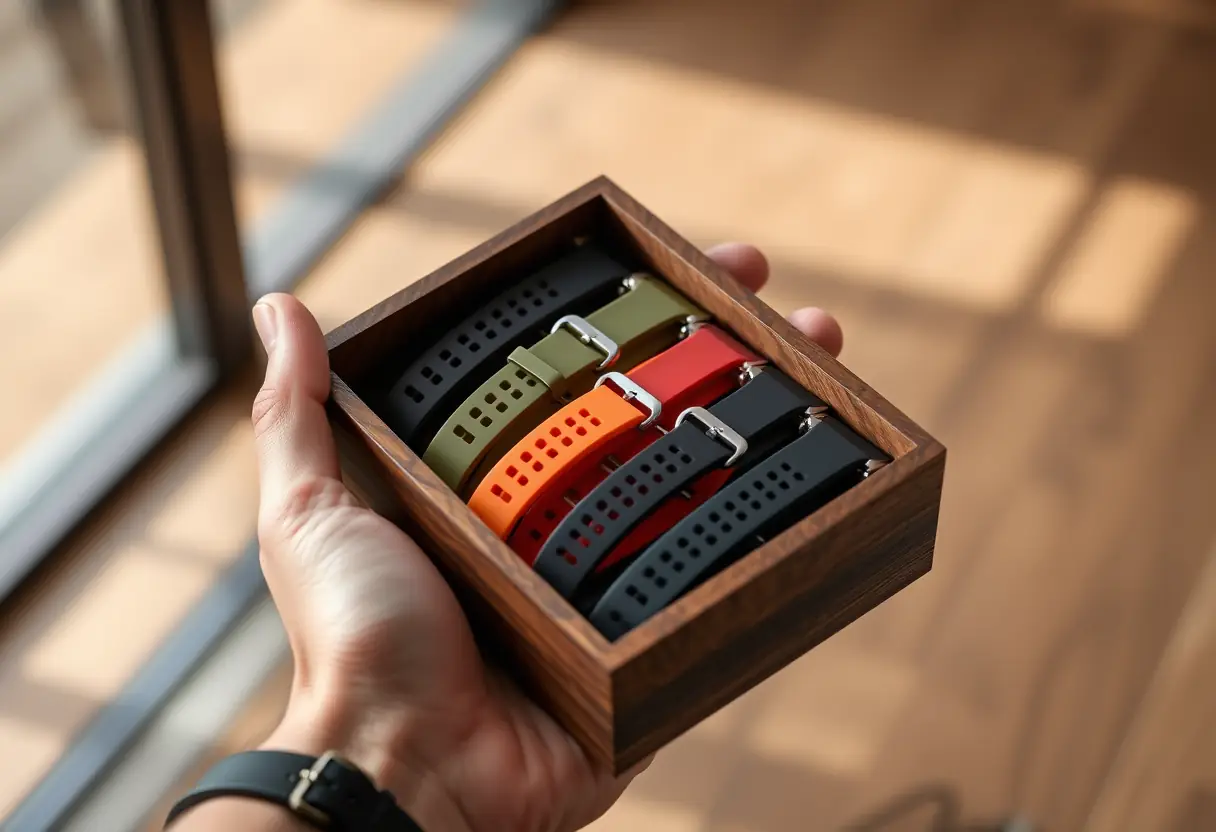 Boîte en bois contenant des bracelets de rechange en silicone