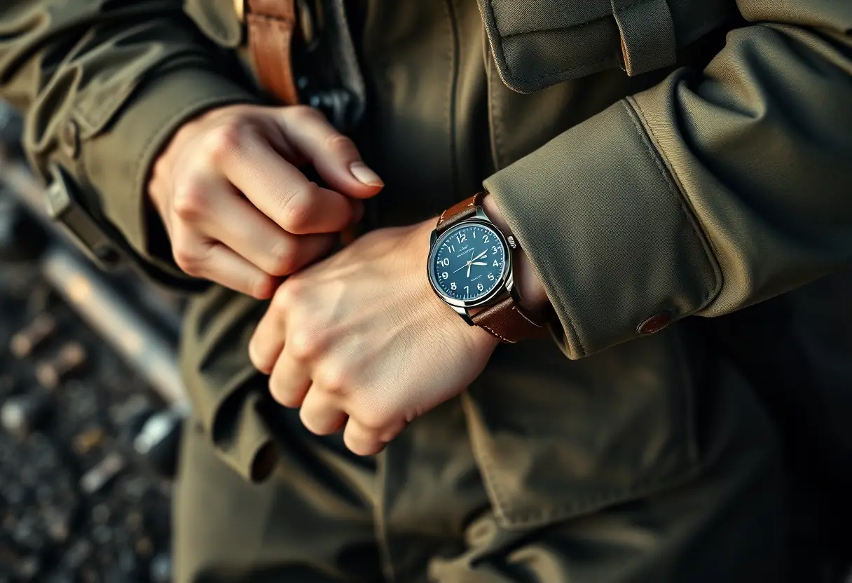 Un soldat ajustant un bracelet en cuir sur sa montre militaire