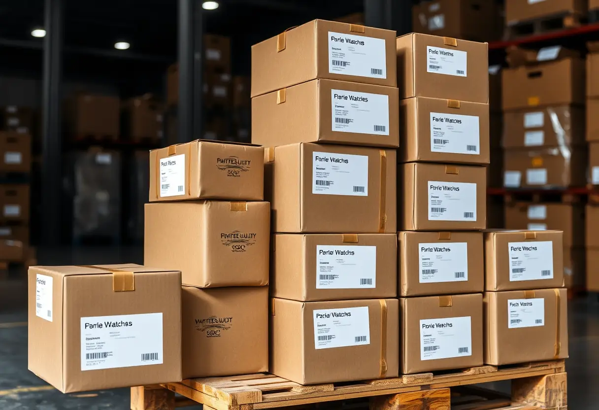 Des cartons de montres Fossil bien rangés dans un entrepôt