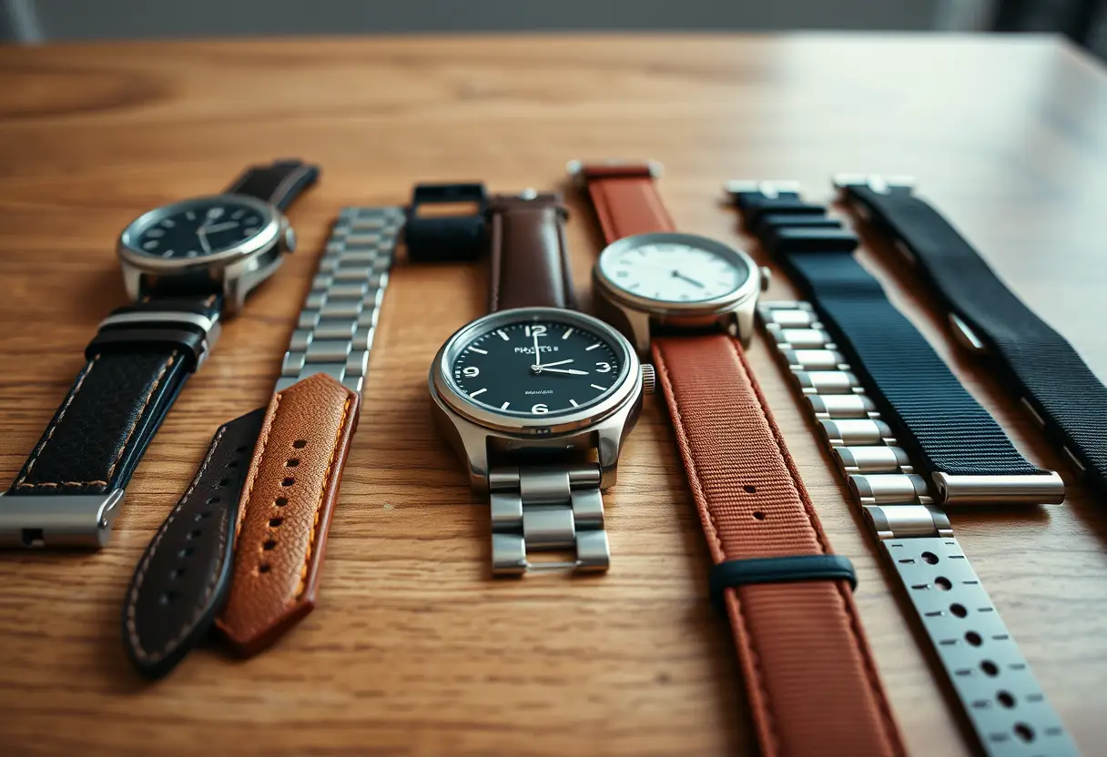Différents bracelets de montre posés sur une table en bois