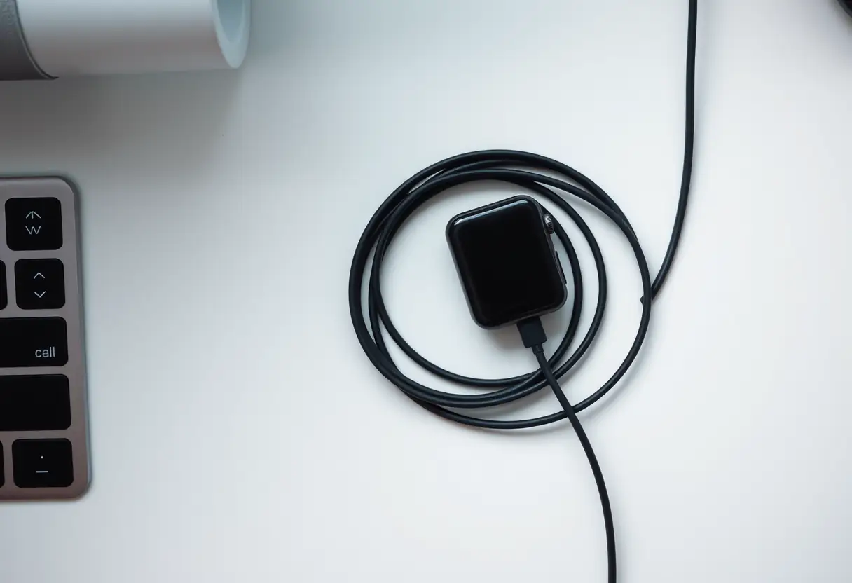 Un câble de charge roulé à côté d'un chargeur de montre noir sur un bureau blanc, éclairé doucement