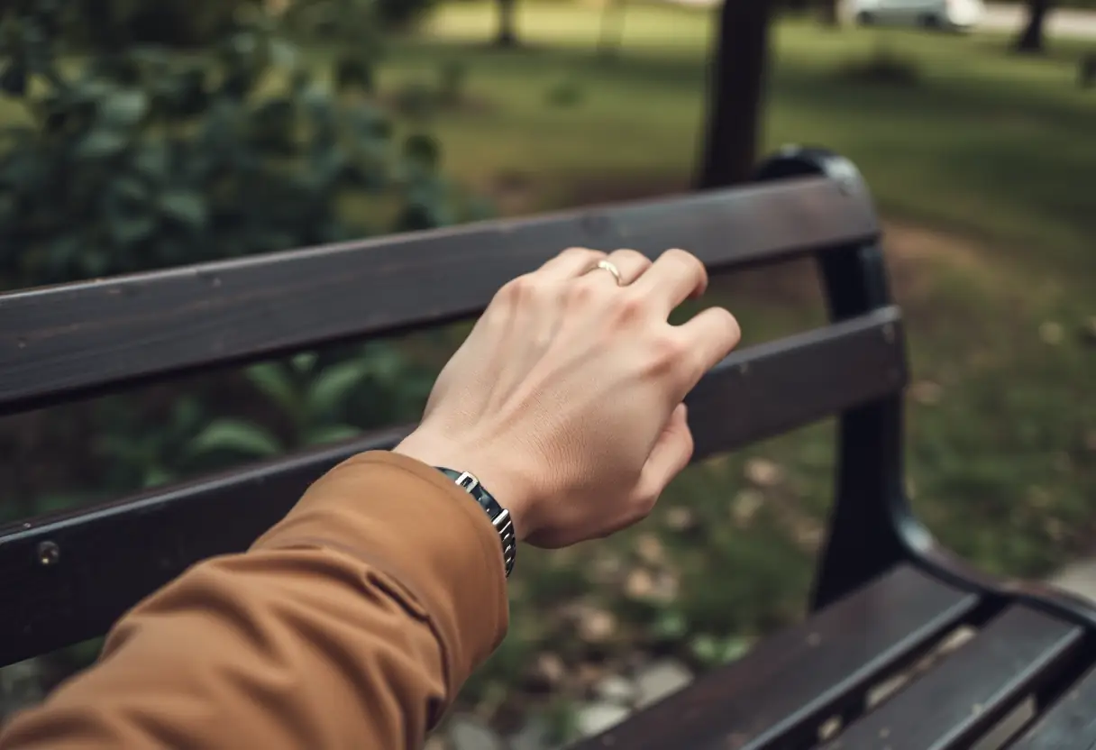 Une main tenant un bracelet en cuir de montre dans un parc