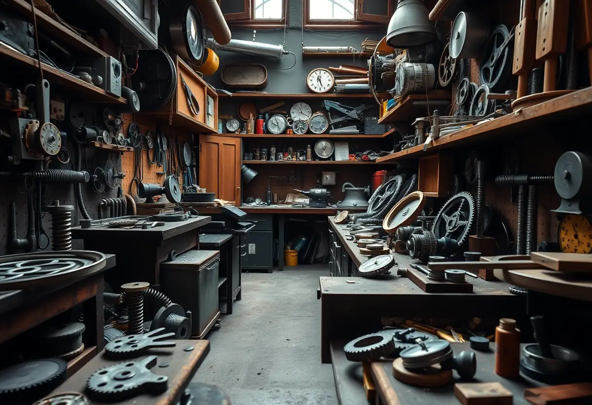 Vue d'atelier de montre avec divers outils et pièces, incluant des engrenages, des ressorts et des vis