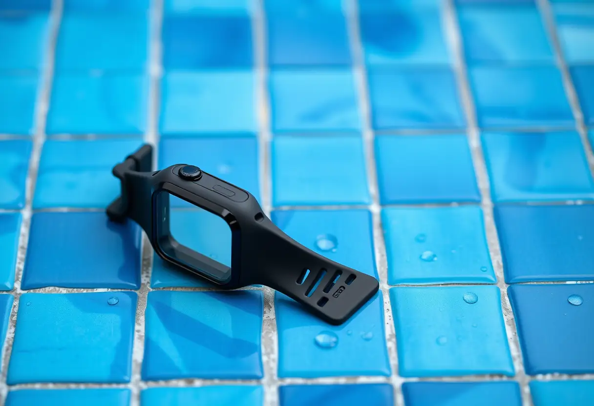 Bracelet de montre posé sur le bord d'une piscine avec des gouttes d'eau