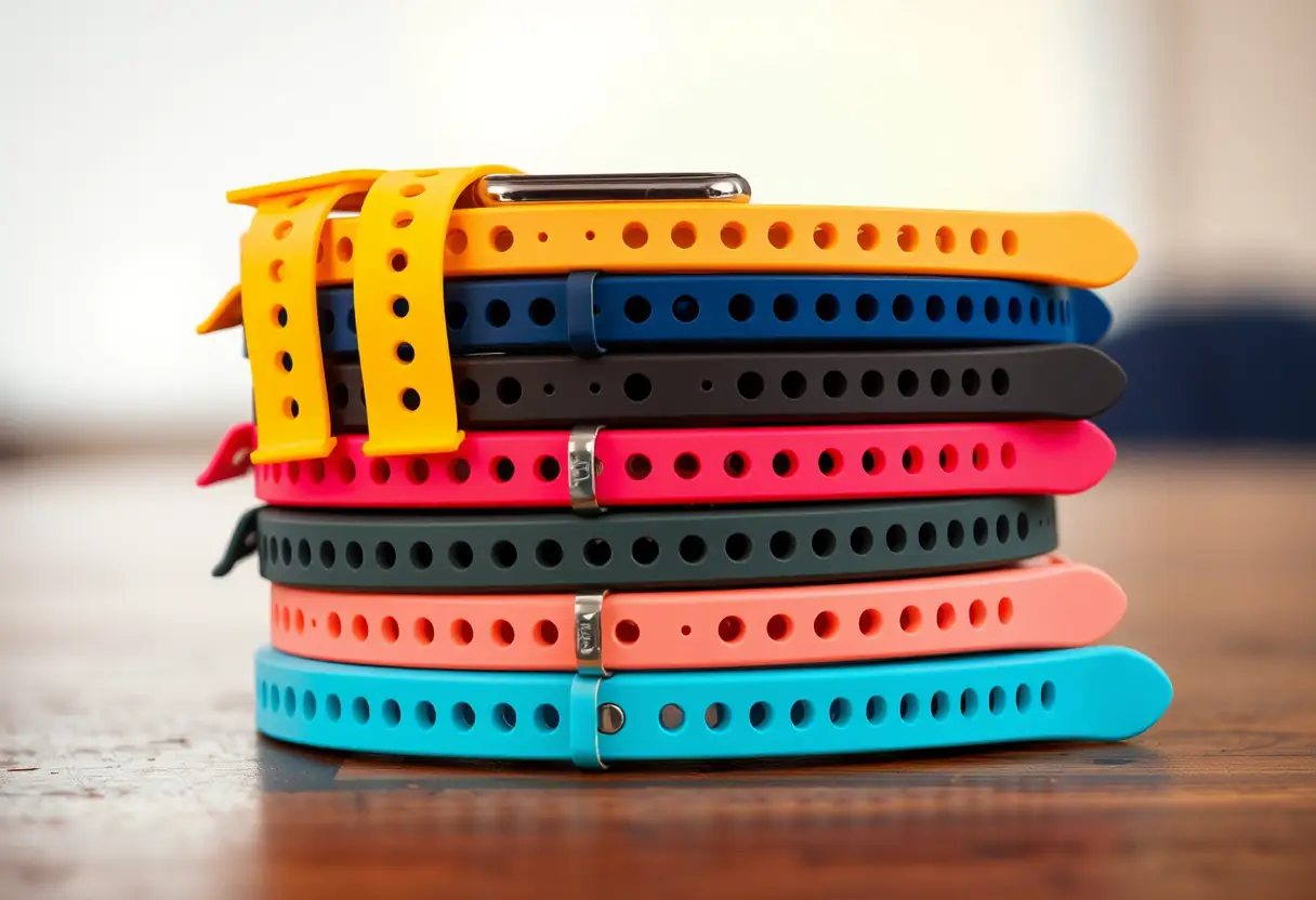 Une pile de bracelets de montre colorés sur une table en bois