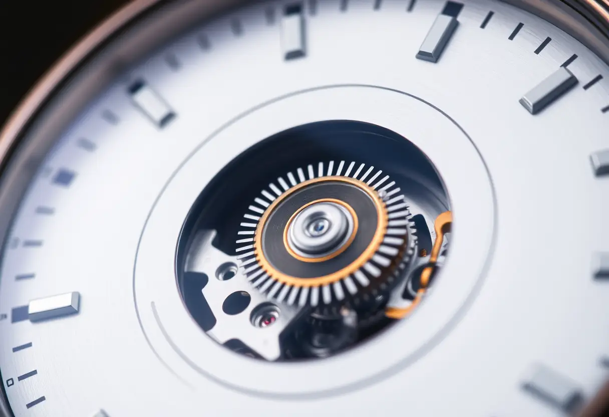 Mécanisme de rembobinage d'une montre avec ses engrenages et ressorts
